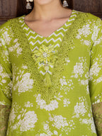 Flower Embellished And Printed Kurta With Pant & Dupatta, Green - Hiral Fashion | Grocsy