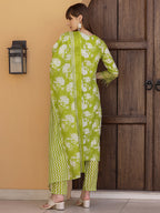 Flower Embellished And Printed Kurta With Pant & Dupatta, Green - Hiral Fashion | Grocsy