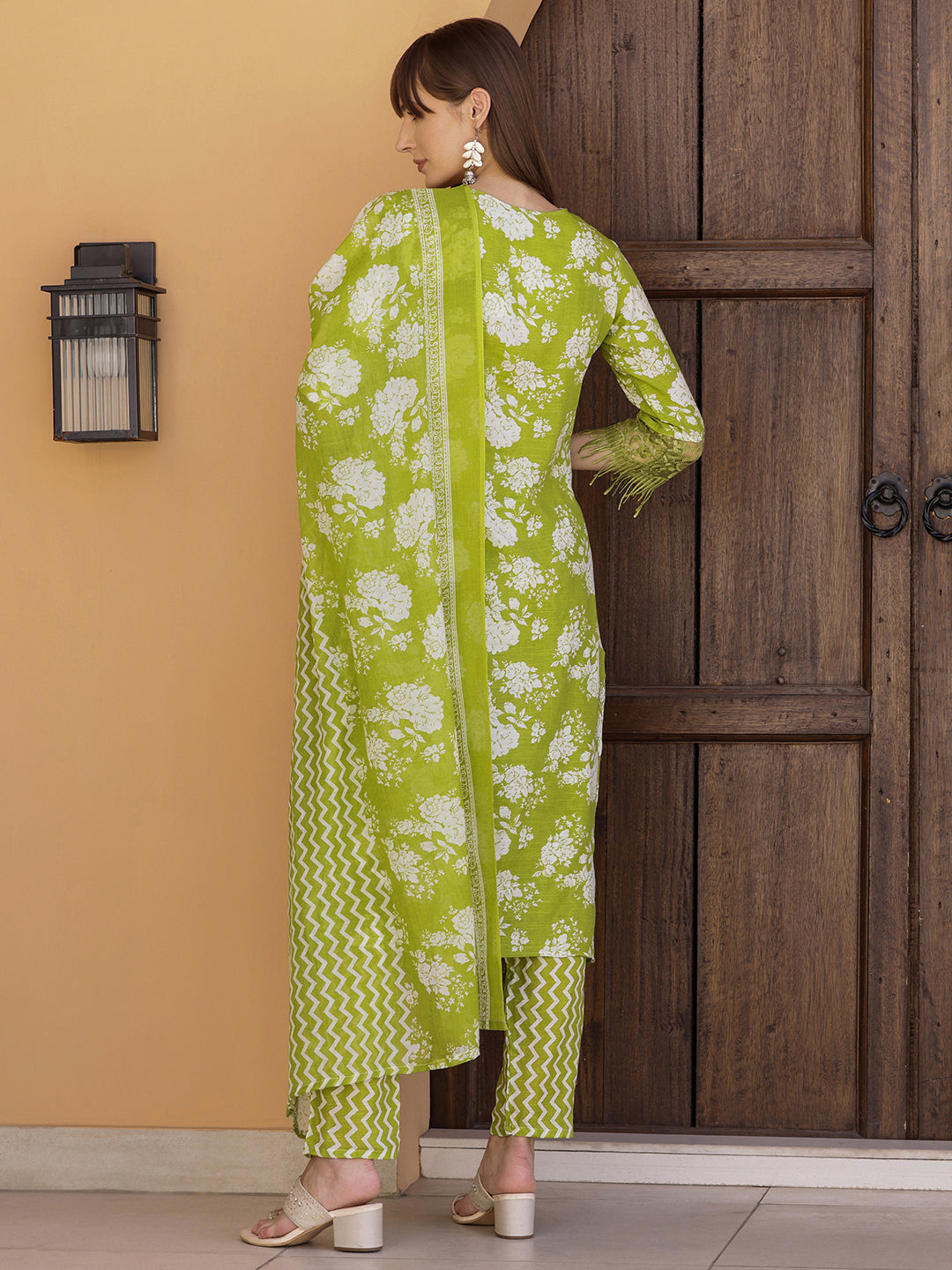 Flower Embellished And Printed Kurta With Pant & Dupatta, Green - Hiral Fashion | Grocsy