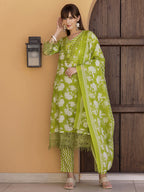 Flower Embellished And Printed Kurta With Pant & Dupatta, Green - Hiral Fashion | Grocsy