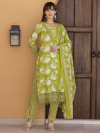 Flower Embellished And Printed Kurta With Pant & Dupatta, Green - Hiral Fashion | Grocsy