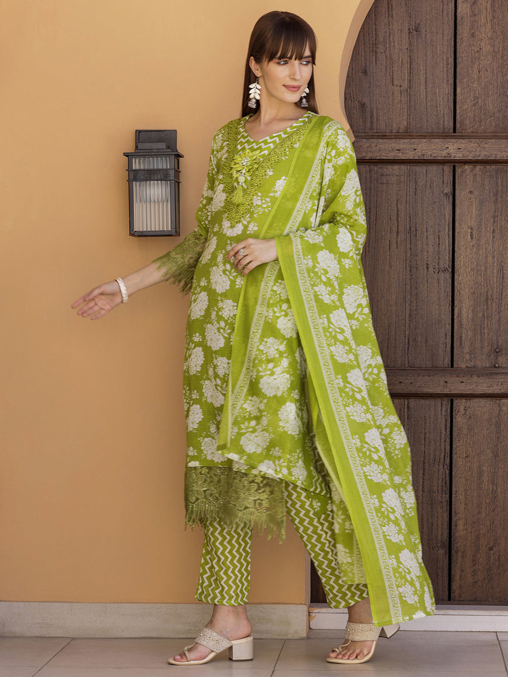 Flower Embellished And Printed Kurta With Pant & Dupatta, Green - Hiral Fashion | Grocsy