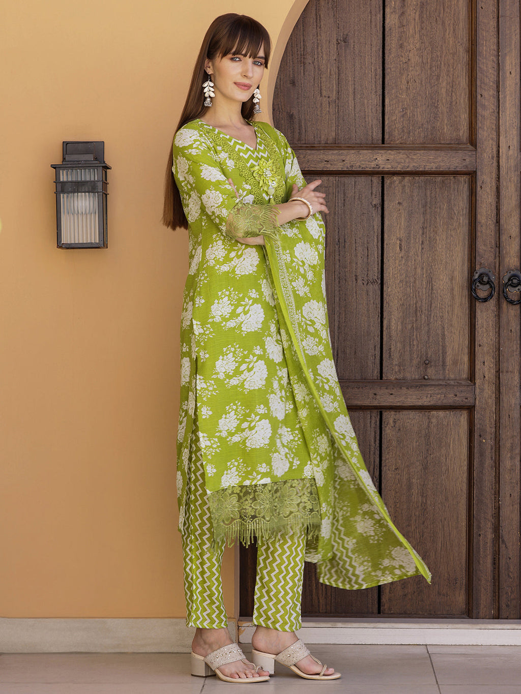 Flower Embellished And Printed Kurta With Pant & Dupatta, Green - Hiral Fashion | Grocsy