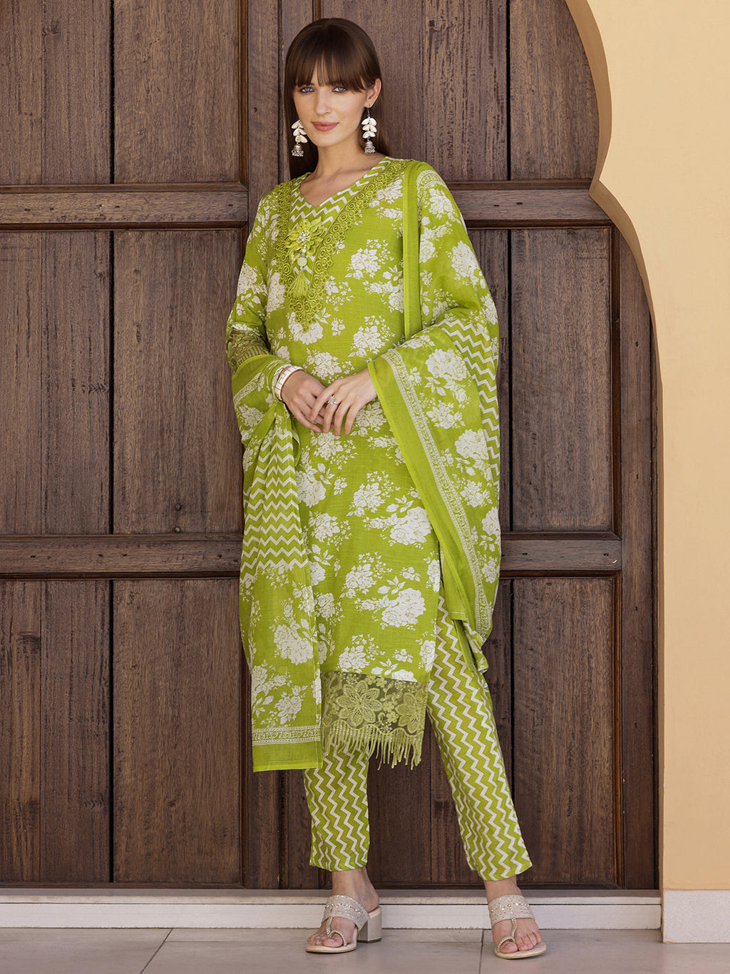 Flower Embellished And Printed Kurta With Pant & Dupatta, Green - Hiral Fashion | Grocsy