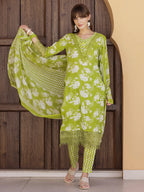Flower Embellished And Printed Kurta With Pant & Dupatta, Green - Hiral Fashion | Grocsy