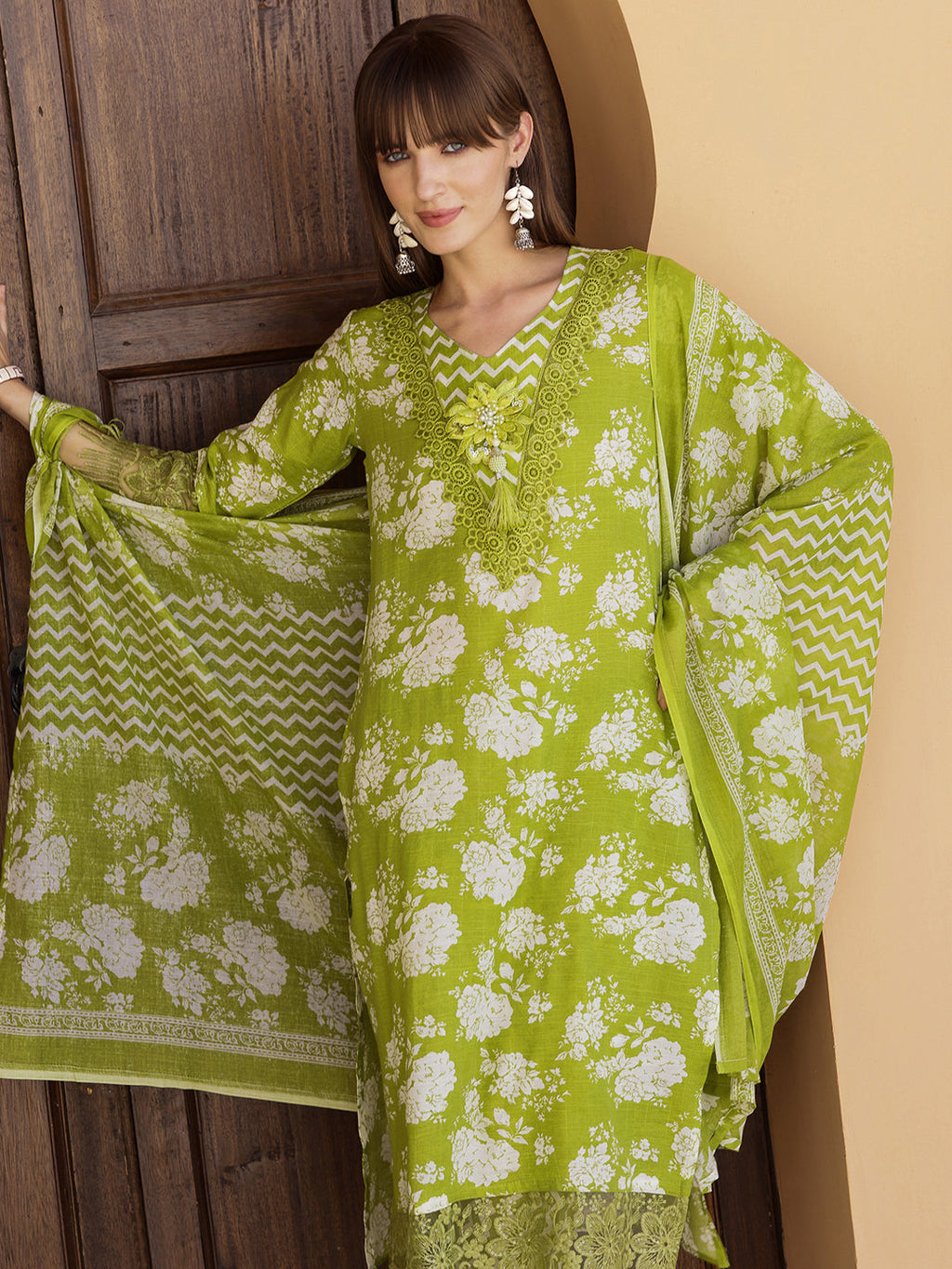 Flower Embellished And Printed Kurta With Pant & Dupatta, Green - Hiral Fashion | Grocsy