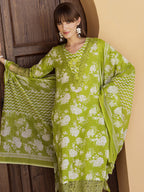 Flower Embellished And Printed Kurta With Pant & Dupatta, Green - Hiral Fashion | Grocsy