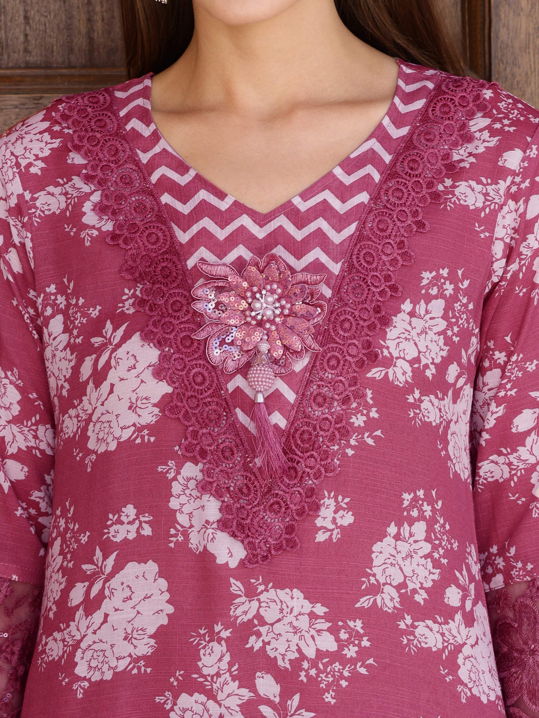 Flower Embellished And Printed Kurta With Pant & Dupatta, Purple - Hiral Fashion | Grocsy