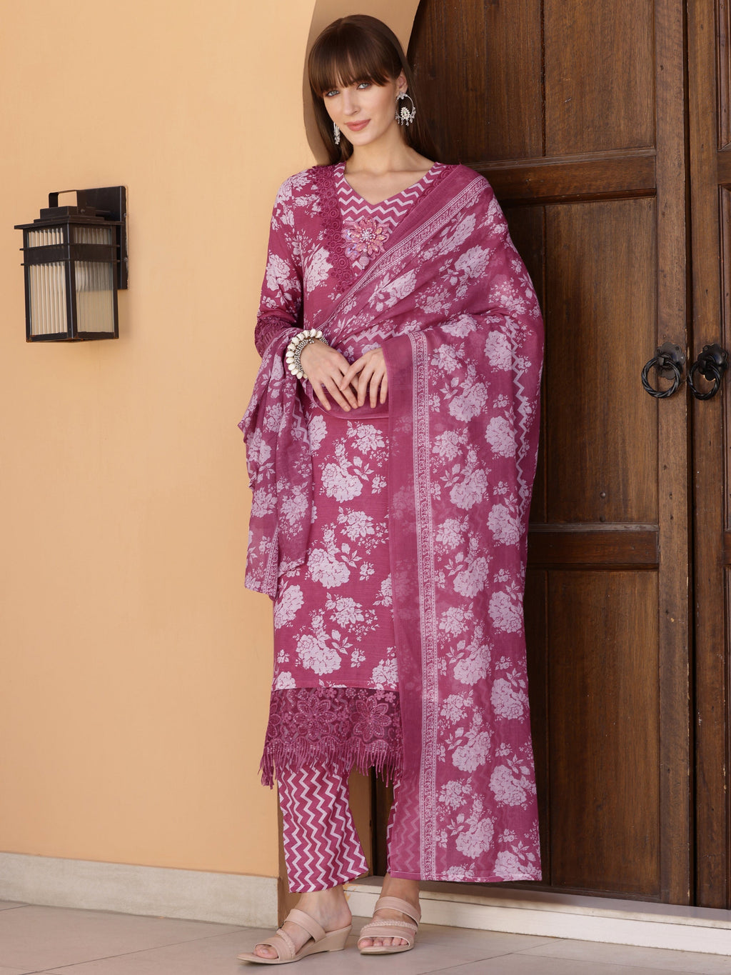 Flower Embellished And Printed Kurta With Pant & Dupatta, Purple - Hiral Fashion | Grocsy