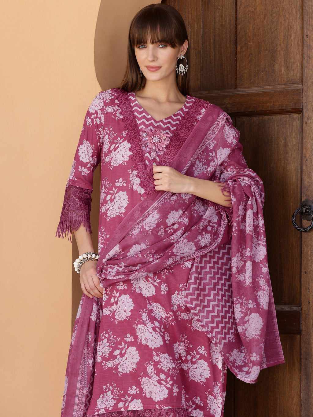 Flower Embellished And Printed Kurta With Pant & Dupatta, Purple - Hiral Fashion | Grocsy