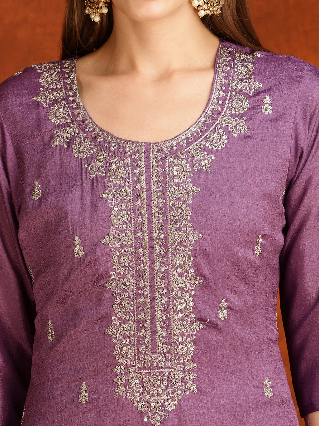 Sequined Embroidered Kurta With Pant & Dupatta, Lavender - Hiral Fashion | Grocsy