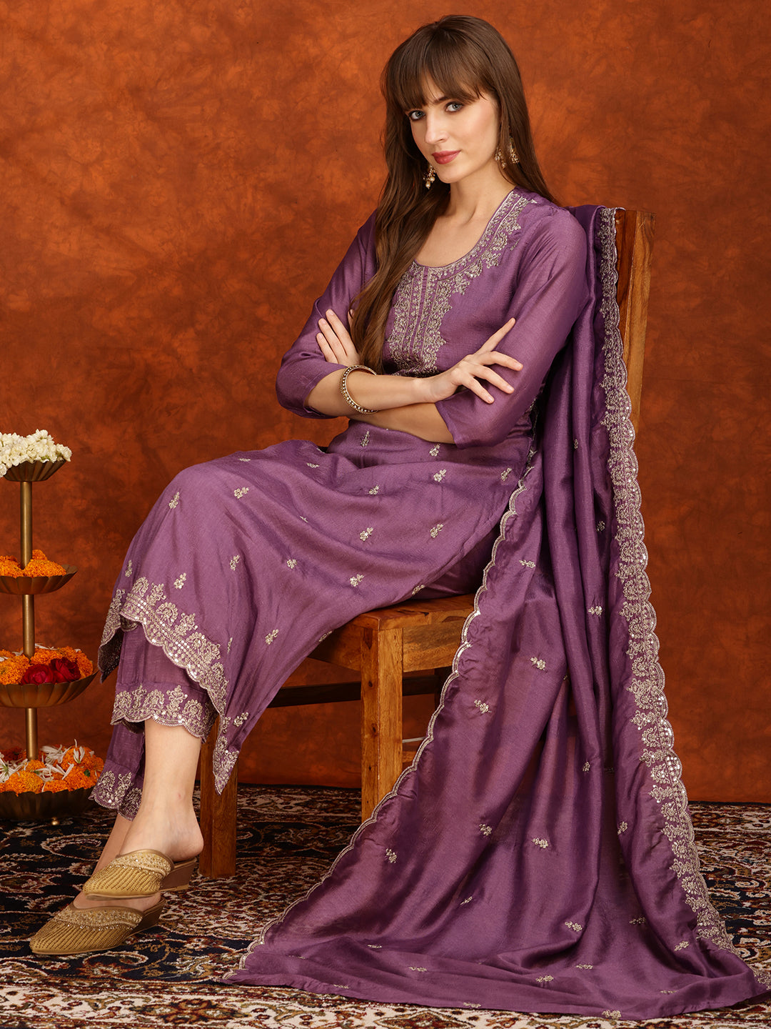 Sequined Embroidered Kurta With Pant & Dupatta, Lavender - Hiral Fashion | Grocsy
