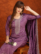 Sequined Embroidered Kurta With Pant & Dupatta, Lavender - Hiral Fashion | Grocsy