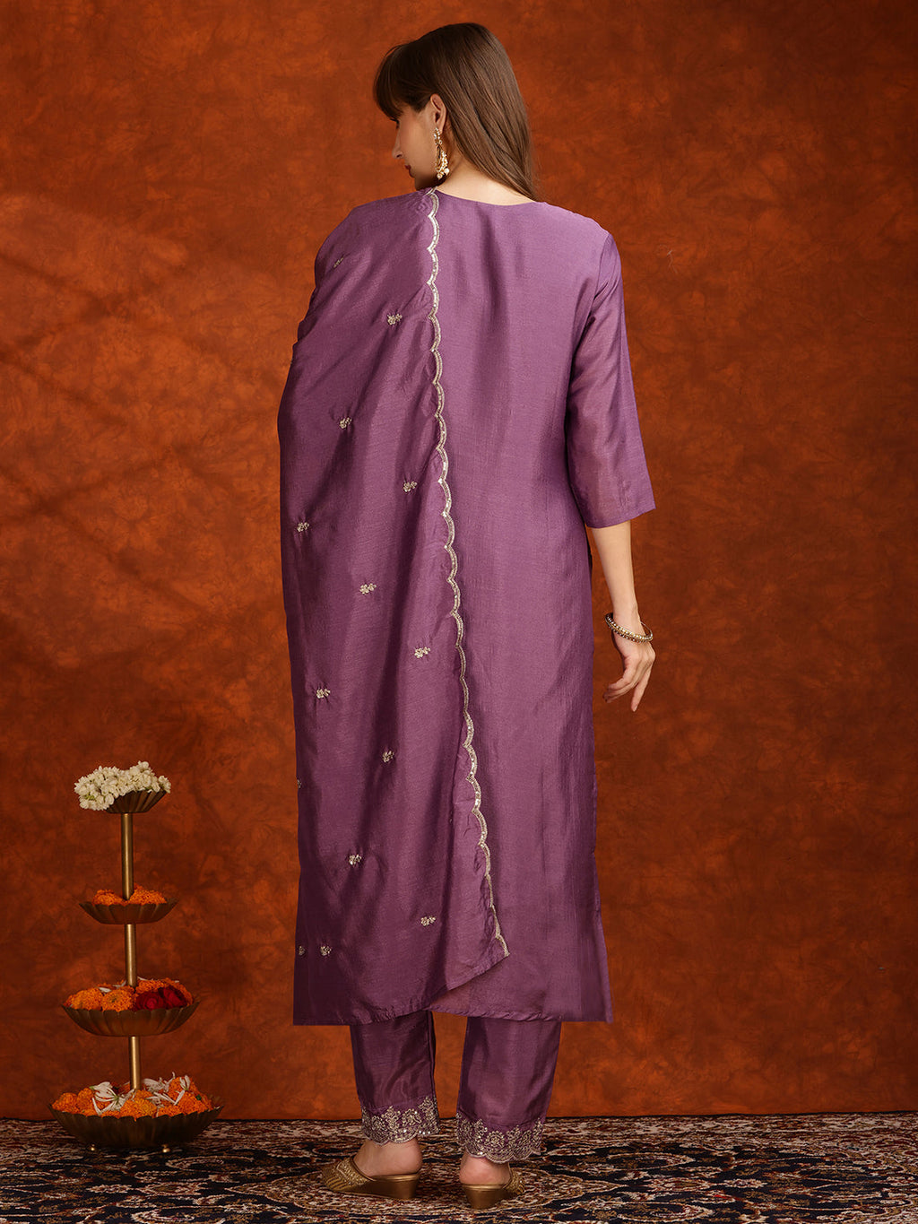 Sequined Embroidered Kurta With Pant & Dupatta, Lavender - Hiral Fashion | Grocsy