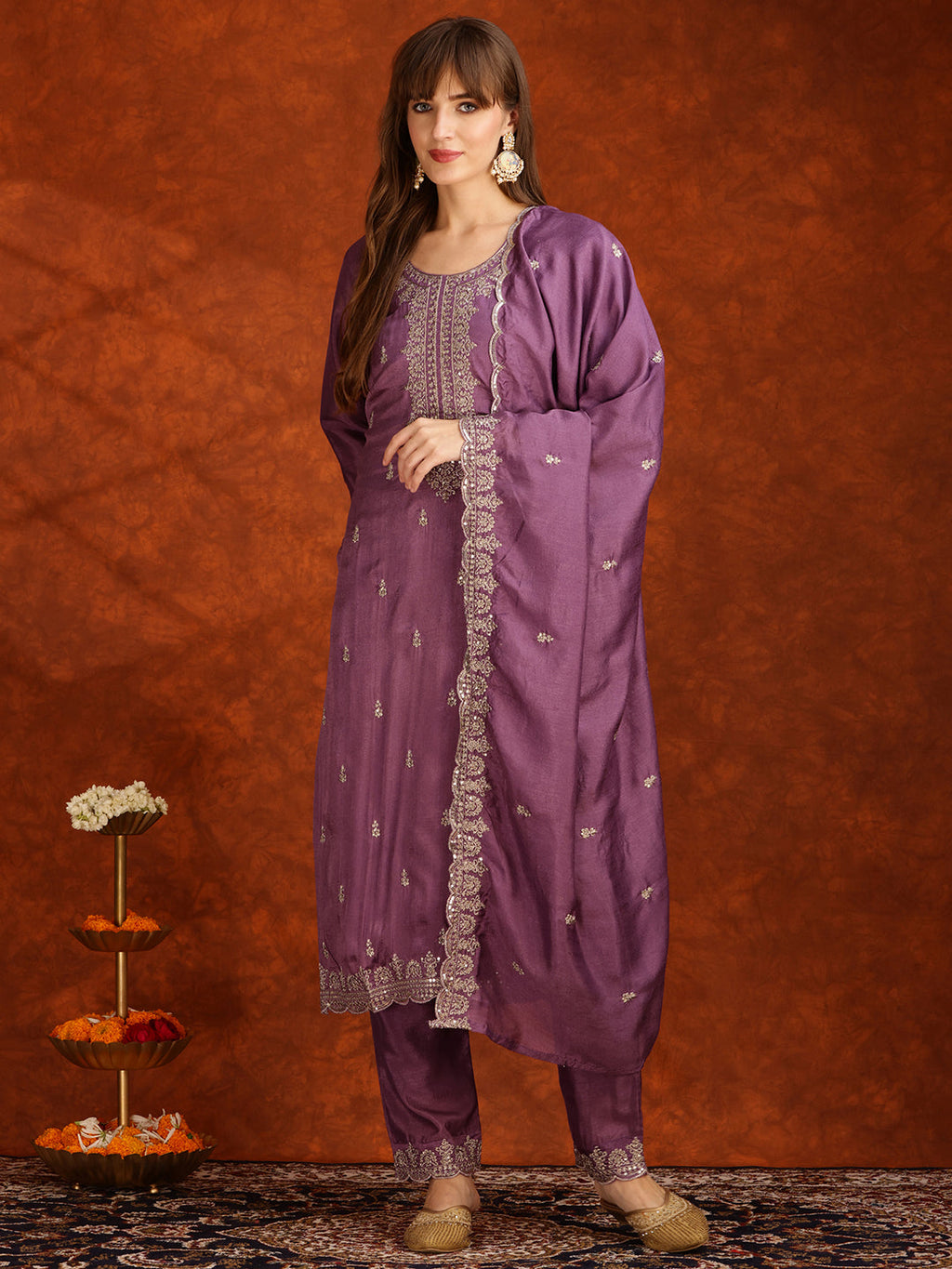 Sequined Embroidered Kurta With Pant & Dupatta, Lavender - Hiral Fashion | Grocsy