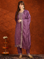 Sequined Embroidered Kurta With Pant & Dupatta, Lavender - Hiral Fashion | Grocsy