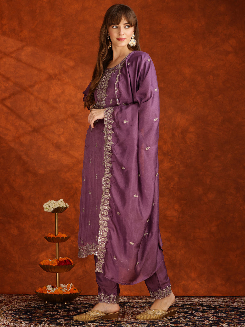 Sequined Embroidered Kurta With Pant & Dupatta, Lavender - Hiral Fashion | Grocsy