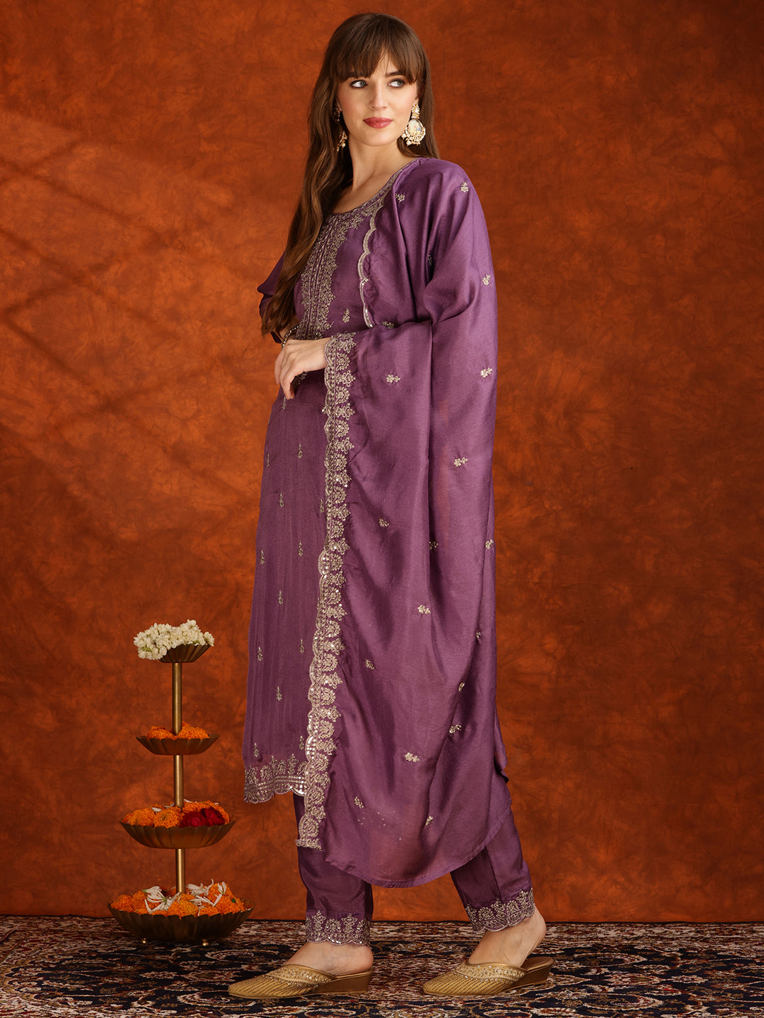 Sequined Embroidered Kurta With Pant & Dupatta, Lavender - Hiral Fashion | Grocsy