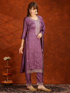 Sequined Embroidered Kurta With Pant & Dupatta, Lavender - Hiral Fashion | Grocsy