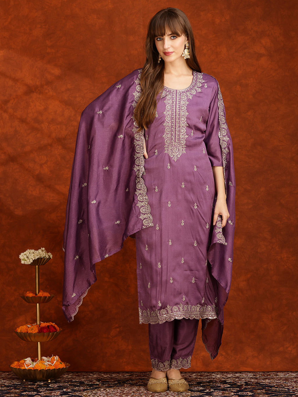Sequined Embroidered Kurta With Pant & Dupatta, Lavender - Hiral Fashion | Grocsy