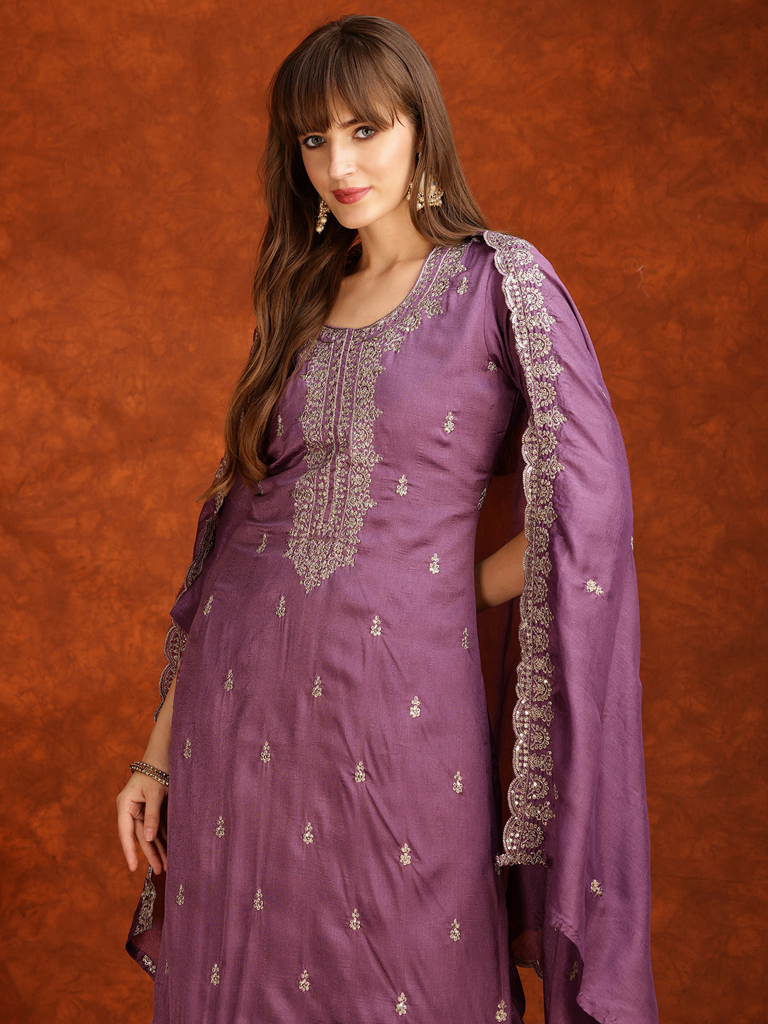 Sequined Embroidered Kurta With Pant & Dupatta, Lavender - Hiral Fashion | Grocsy