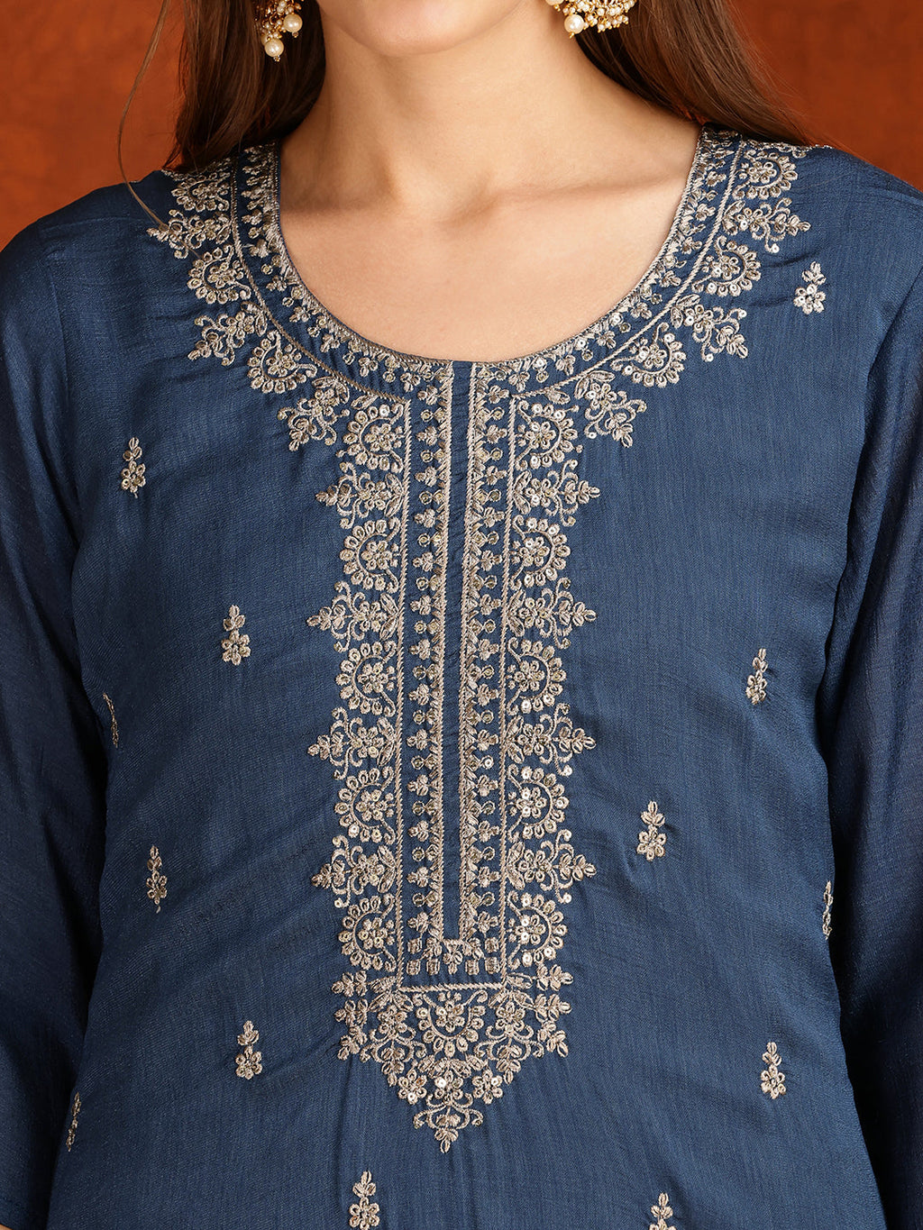 Sequined Embroidered Kurta With Pant & Dupatta, Teal - Hiral Fashion | Grocsy