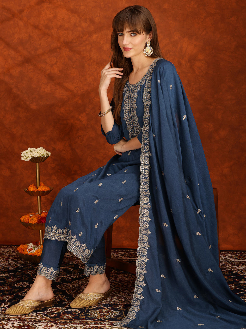 Sequined Embroidered Kurta With Pant & Dupatta, Teal - Hiral Fashion | Grocsy