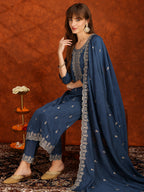 Sequined Embroidered Kurta With Pant & Dupatta, Teal - Hiral Fashion | Grocsy