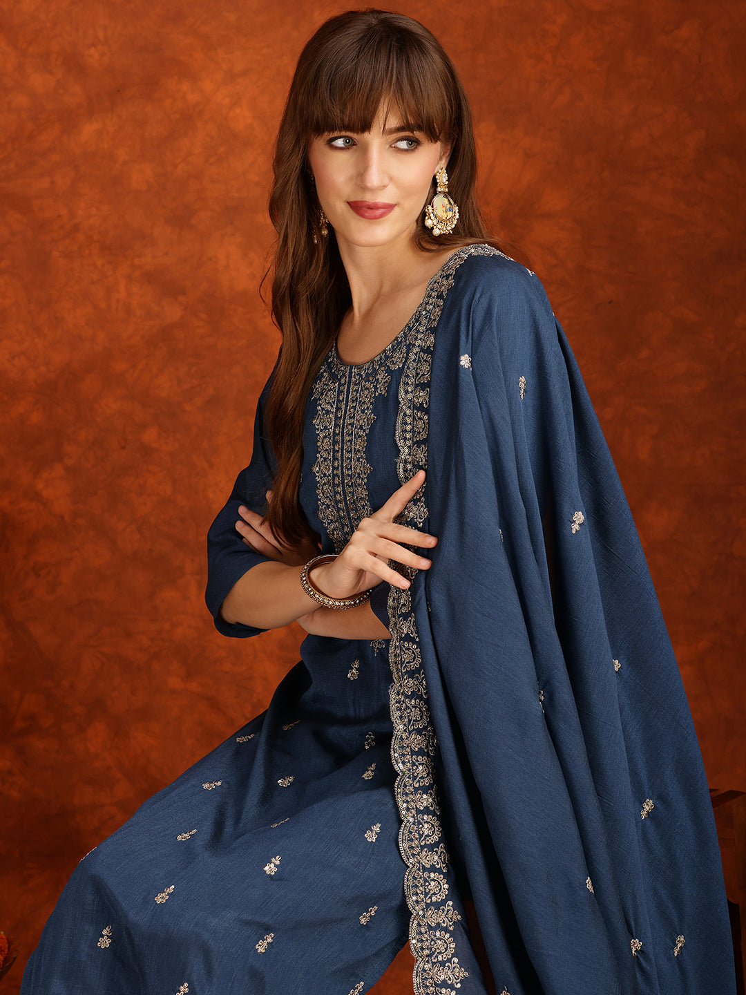 Sequined Embroidered Kurta With Pant & Dupatta, Teal - Hiral Fashion | Grocsy