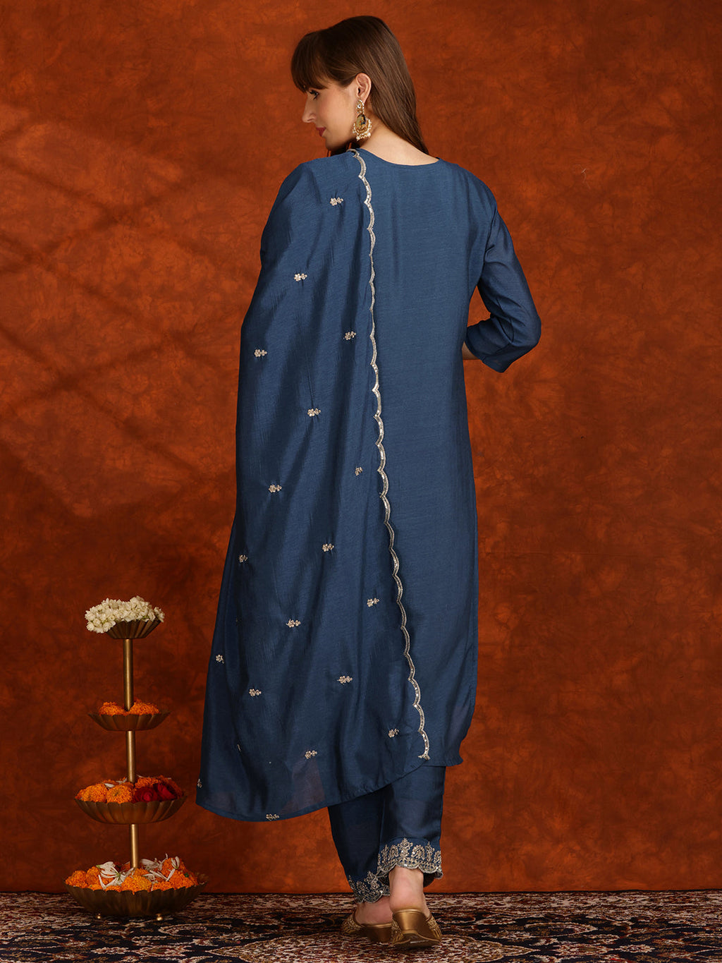 Sequined Embroidered Kurta With Pant & Dupatta, Teal - Hiral Fashion | Grocsy