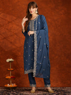 Sequined Embroidered Kurta With Pant & Dupatta, Teal - Hiral Fashion | Grocsy