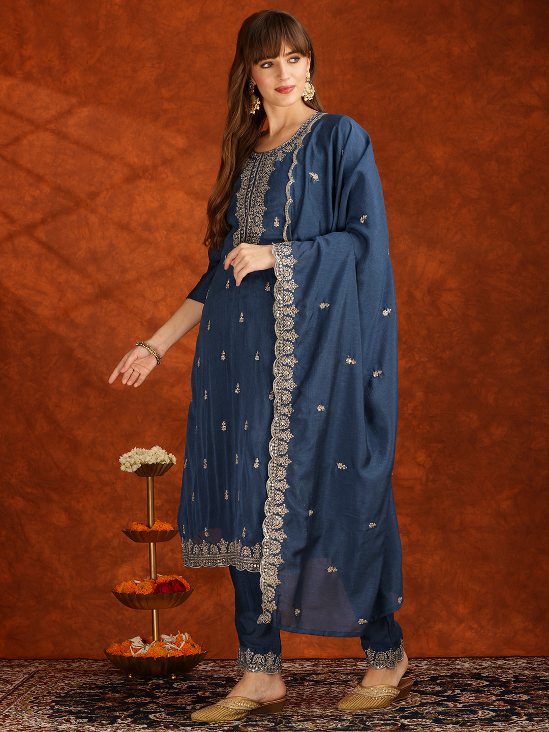 Sequined Embroidered Kurta With Pant & Dupatta, Teal - Hiral Fashion | Grocsy