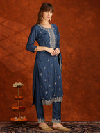 Sequined Embroidered Kurta With Pant & Dupatta, Teal - Hiral Fashion | Grocsy