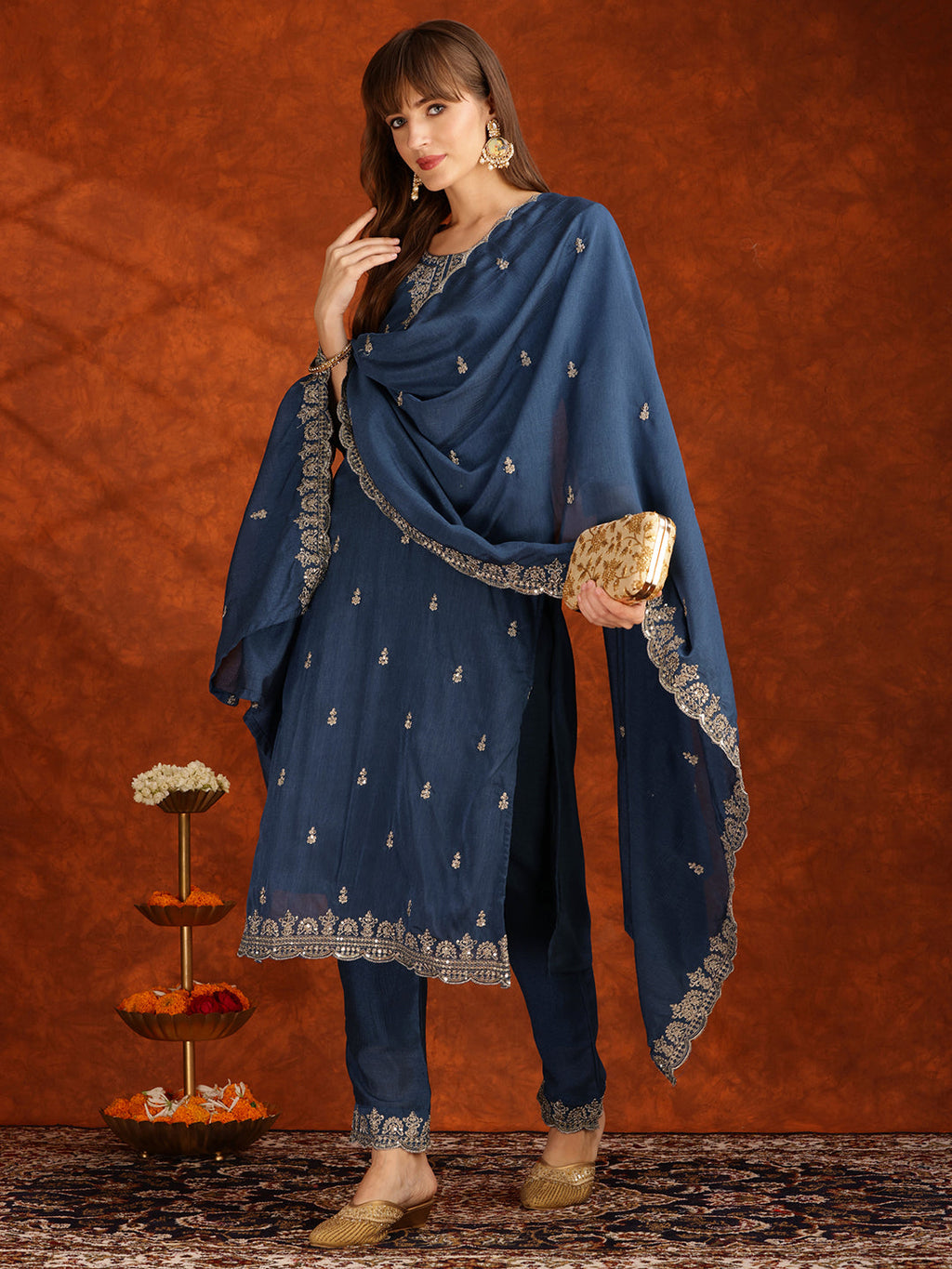 Sequined Embroidered Kurta With Pant & Dupatta, Teal - Hiral Fashion | Grocsy