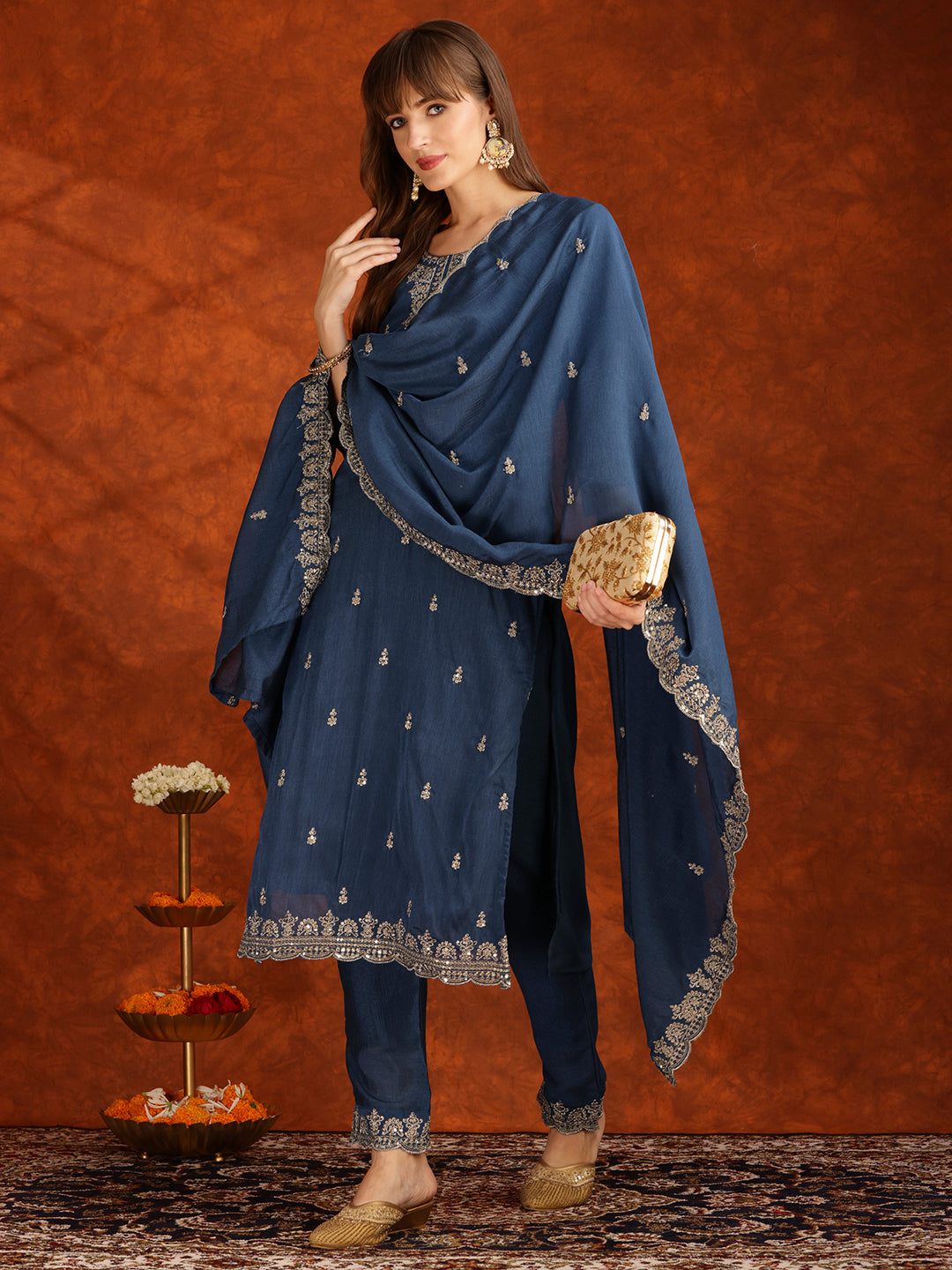 Sequined Embroidered Kurta With Pant & Dupatta, Teal - Hiral Fashion | Grocsy