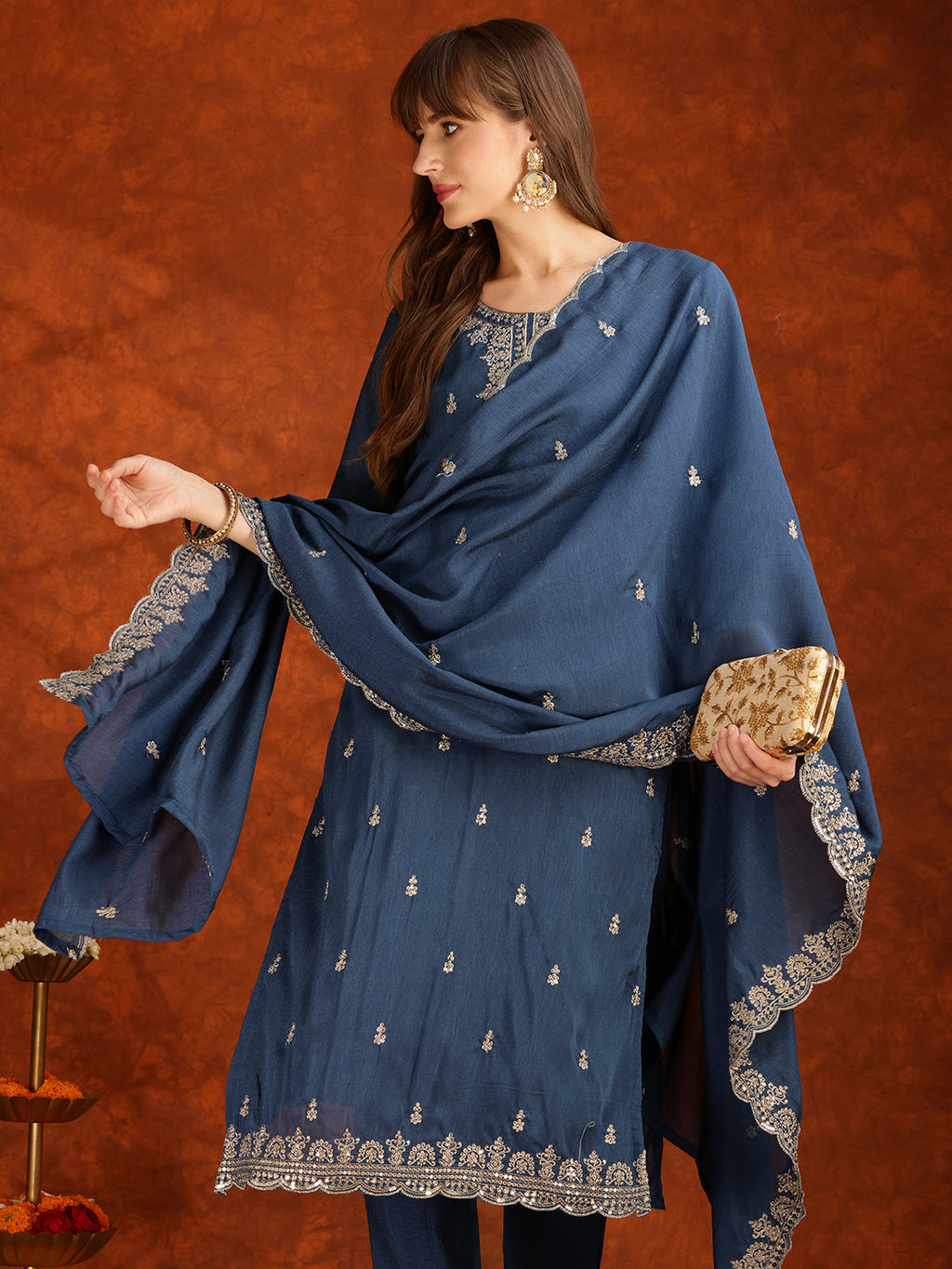 Sequined Embroidered Kurta With Pant & Dupatta, Teal - Hiral Fashion | Grocsy