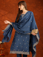 Sequined Embroidered Kurta With Pant & Dupatta, Teal - Hiral Fashion | Grocsy
