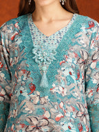 Flower Embellished And Printed Pakistani Kurta With Pant & Dupatta, Aqua-Blue - Hiral Fashion | Grocsy