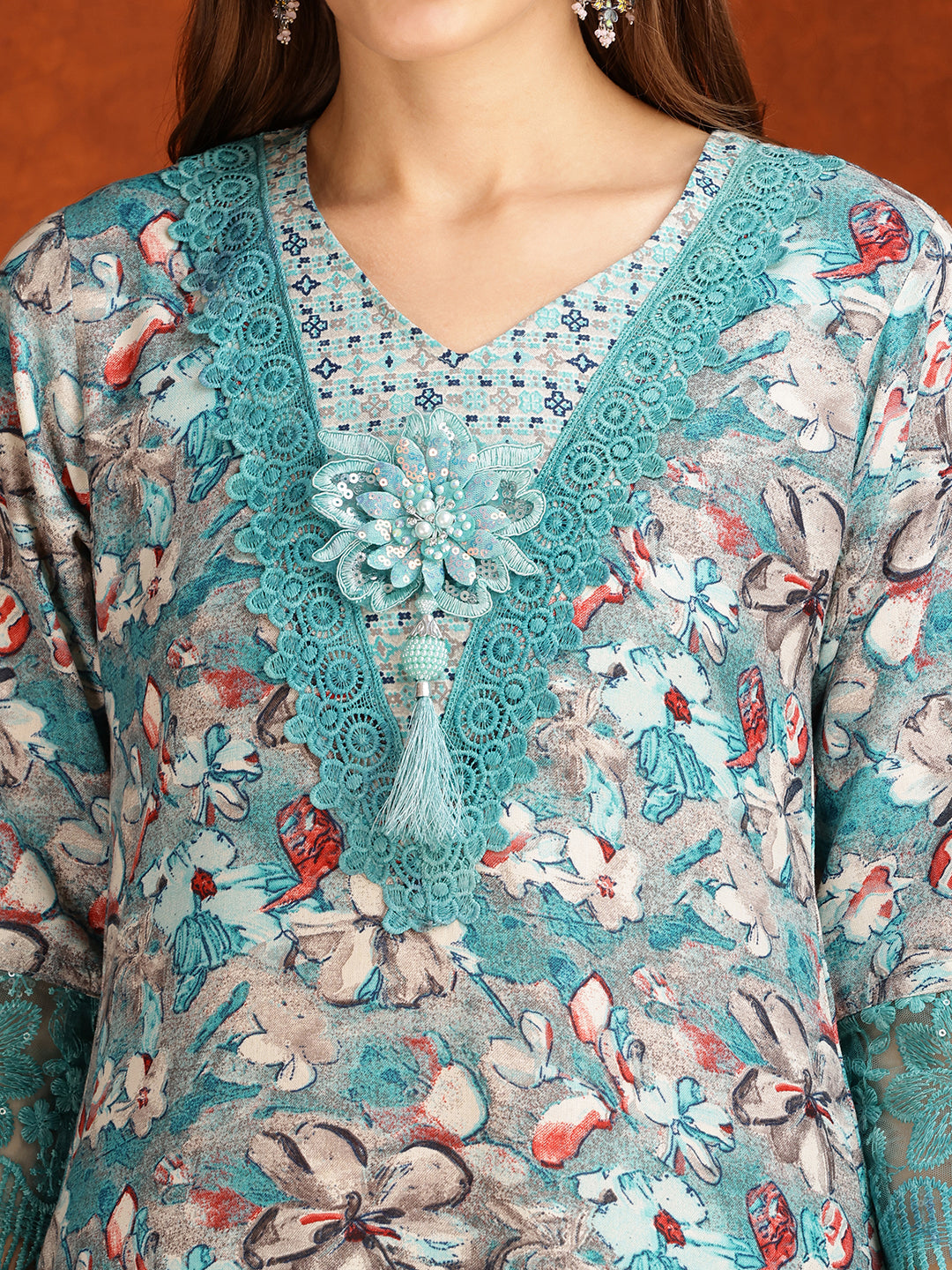 Flower Embellished And Printed Pakistani Kurta With Pant & Dupatta, Aqua-Blue - Hiral Fashion | Grocsy