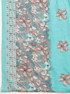 Flower Embellished And Printed Pakistani Kurta With Pant & Dupatta, Aqua-Blue - Hiral Fashion | Grocsy