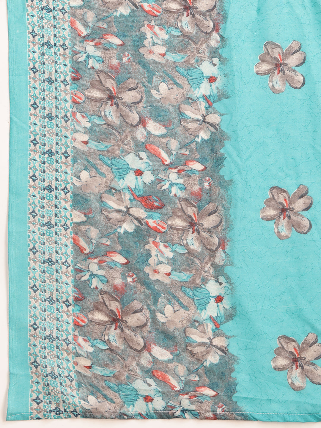 Flower Embellished And Printed Pakistani Kurta With Pant & Dupatta, Aqua-Blue - Hiral Fashion | Grocsy