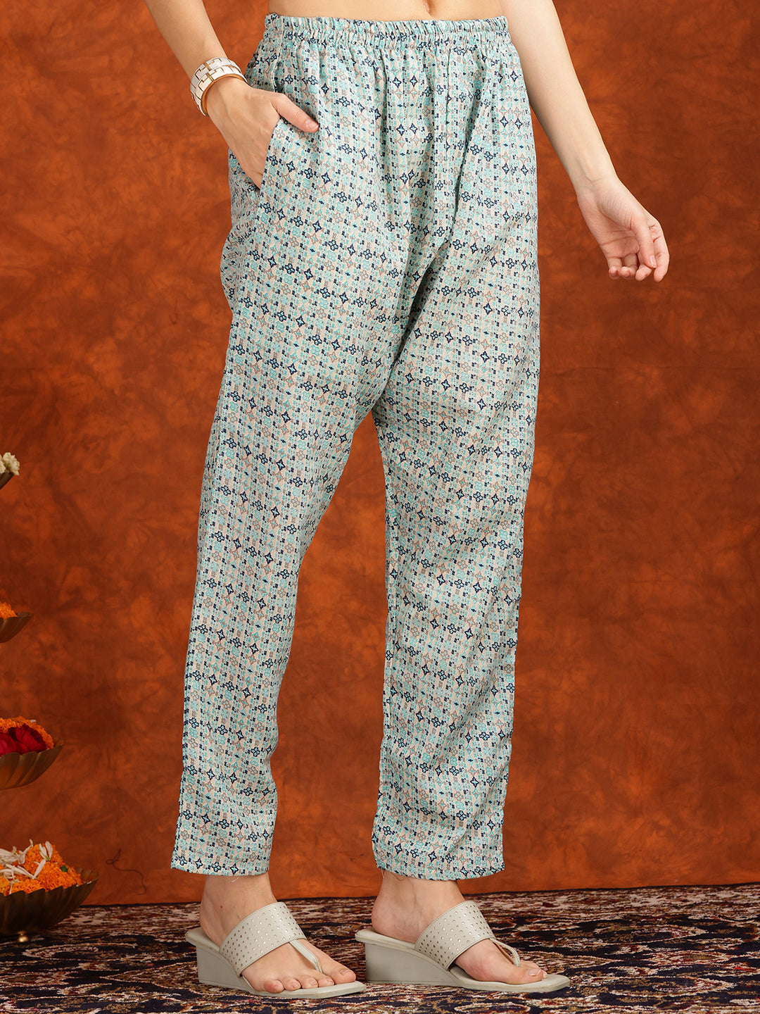 Flower Embellished And Printed Pakistani Kurta With Pant & Dupatta, Aqua-Blue - Hiral Fashion | Grocsy