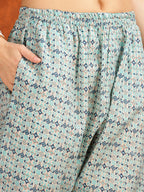 Flower Embellished And Printed Pakistani Kurta With Pant & Dupatta, Aqua-Blue - Hiral Fashion | Grocsy