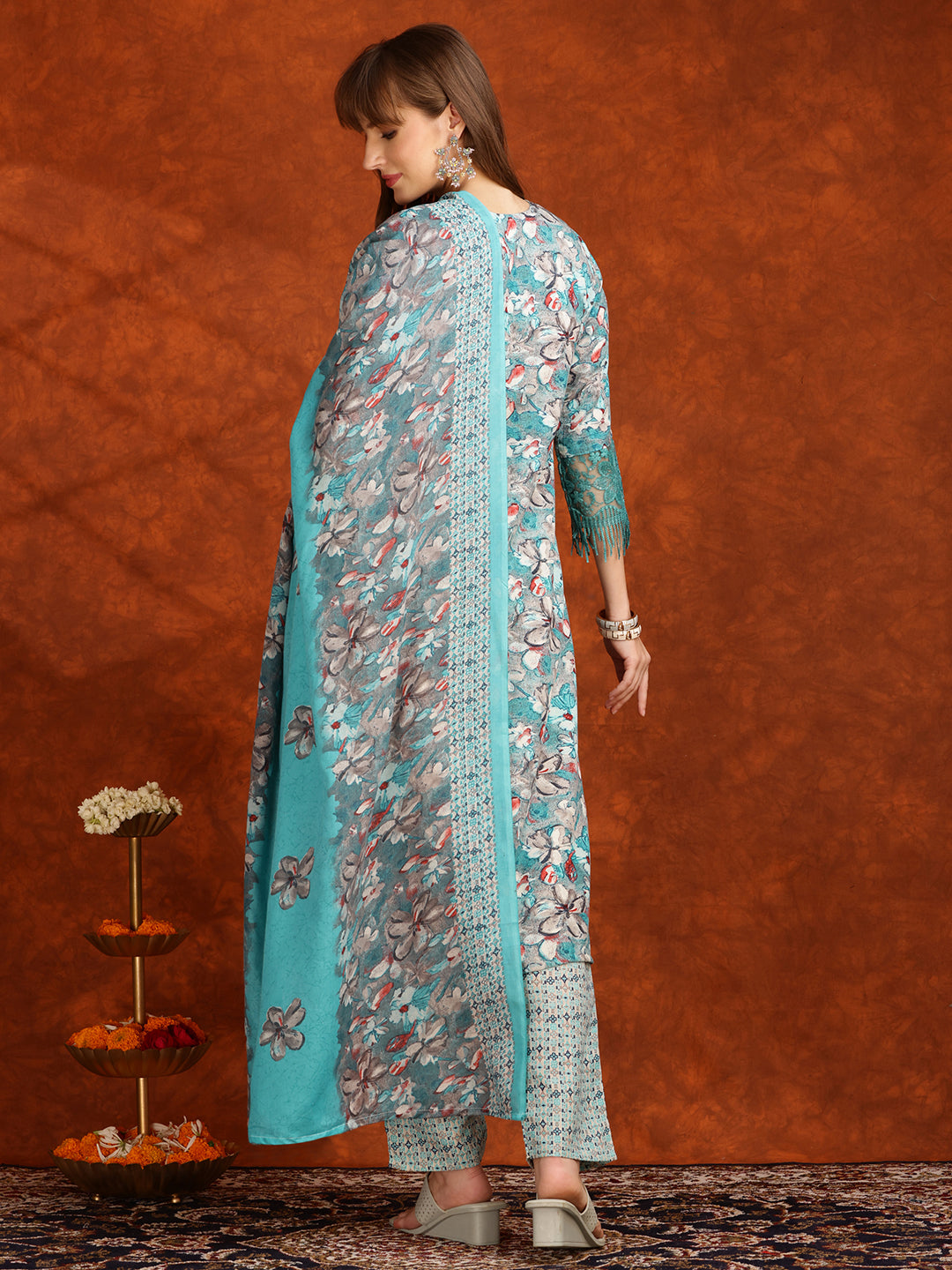 Flower Embellished And Printed Pakistani Kurta With Pant & Dupatta, Aqua-Blue - Hiral Fashion | Grocsy