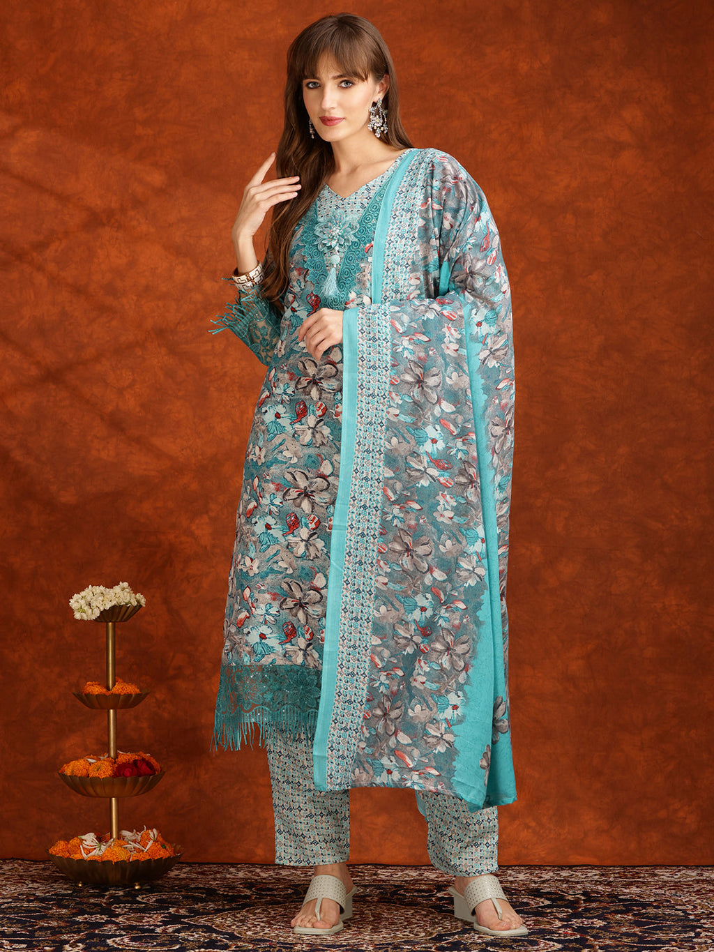 Flower Embellished And Printed Pakistani Kurta With Pant & Dupatta, Aqua-Blue - Hiral Fashion | Grocsy