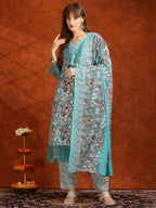 Flower Embellished And Printed Pakistani Kurta With Pant & Dupatta, Aqua-Blue - Hiral Fashion | Grocsy