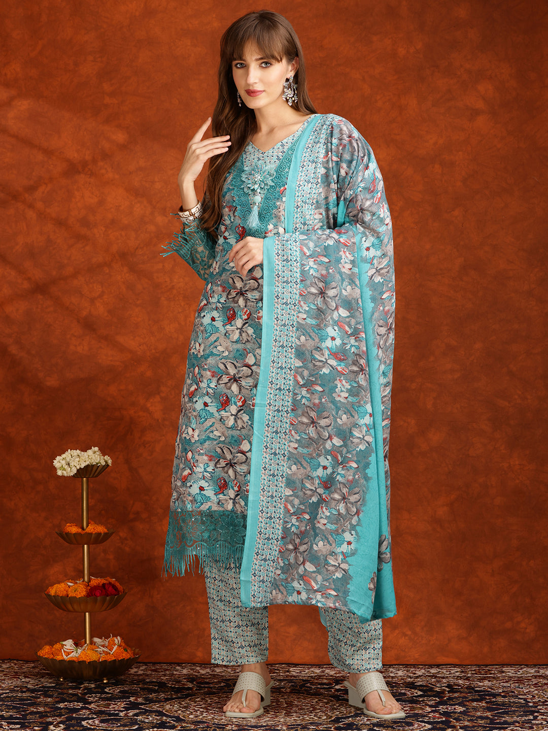 Flower Embellished And Printed Pakistani Kurta With Pant & Dupatta, Aqua-Blue - Hiral Fashion | Grocsy