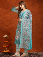 Flower Embellished And Printed Pakistani Kurta With Pant & Dupatta, Aqua-Blue - Hiral Fashion | Grocsy