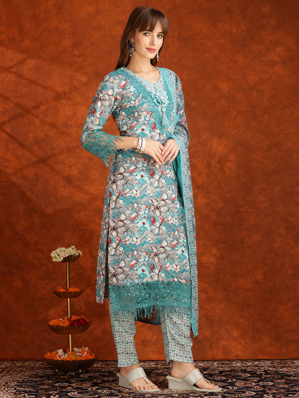 Flower Embellished And Printed Pakistani Kurta With Pant & Dupatta, Aqua-Blue - Hiral Fashion | Grocsy