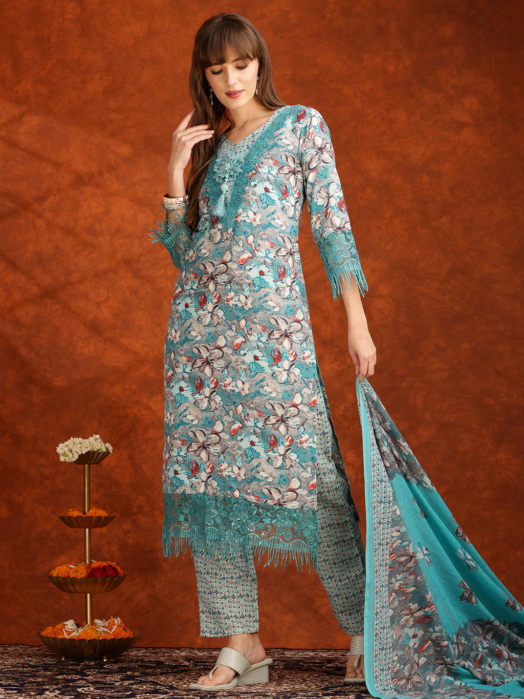 Flower Embellished And Printed Pakistani Kurta With Pant & Dupatta, Aqua-Blue - Hiral Fashion | Grocsy